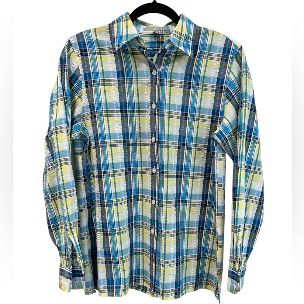 Foxcroft plaid button down long sleeve shirt, size 6, blue, yellow‎ and white